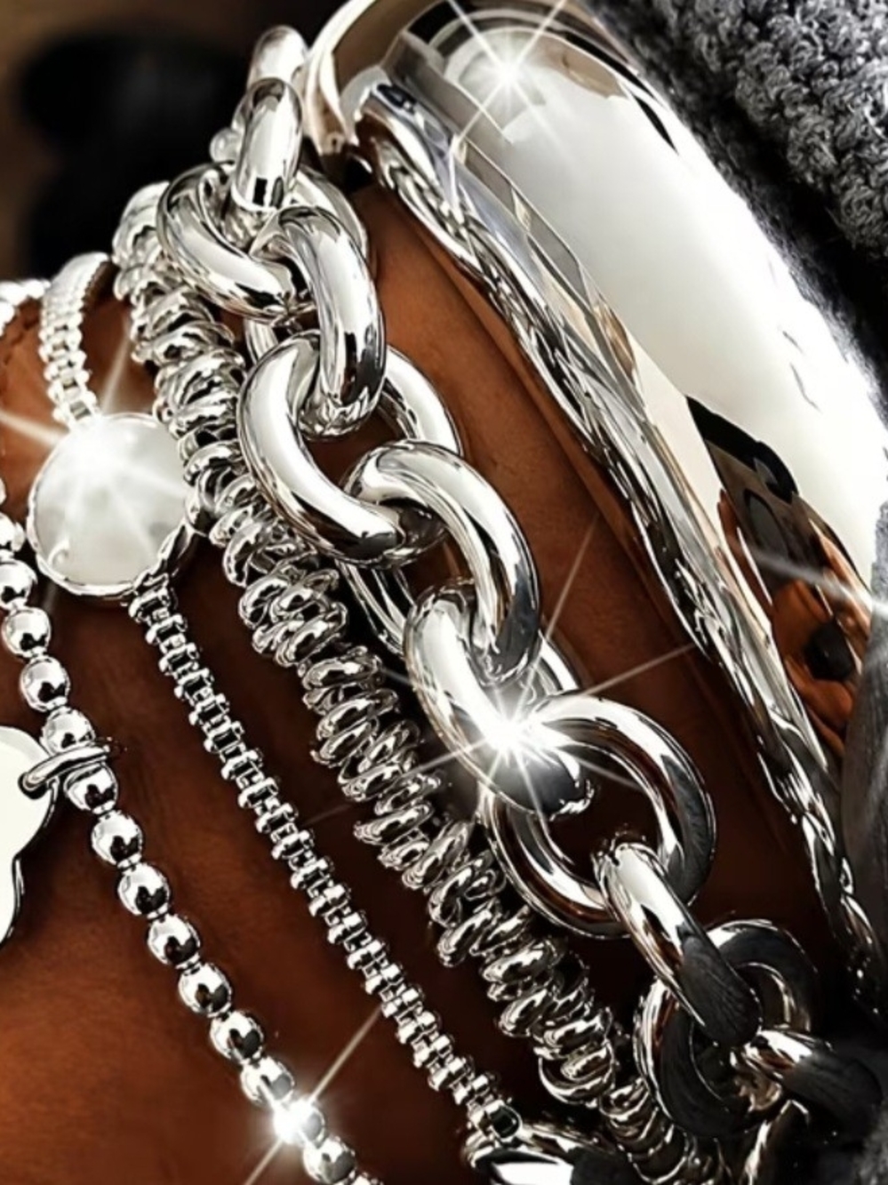 Sterling Silver Multi-Chain Bracelet Set - Shiny Silver Layered Stack 5 Qty
